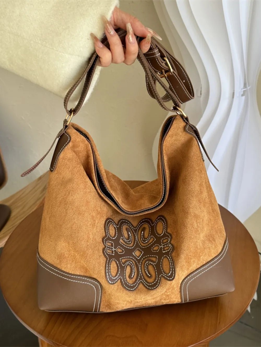 Suede Patch Adjustable Strap Tote Bag - Korvel