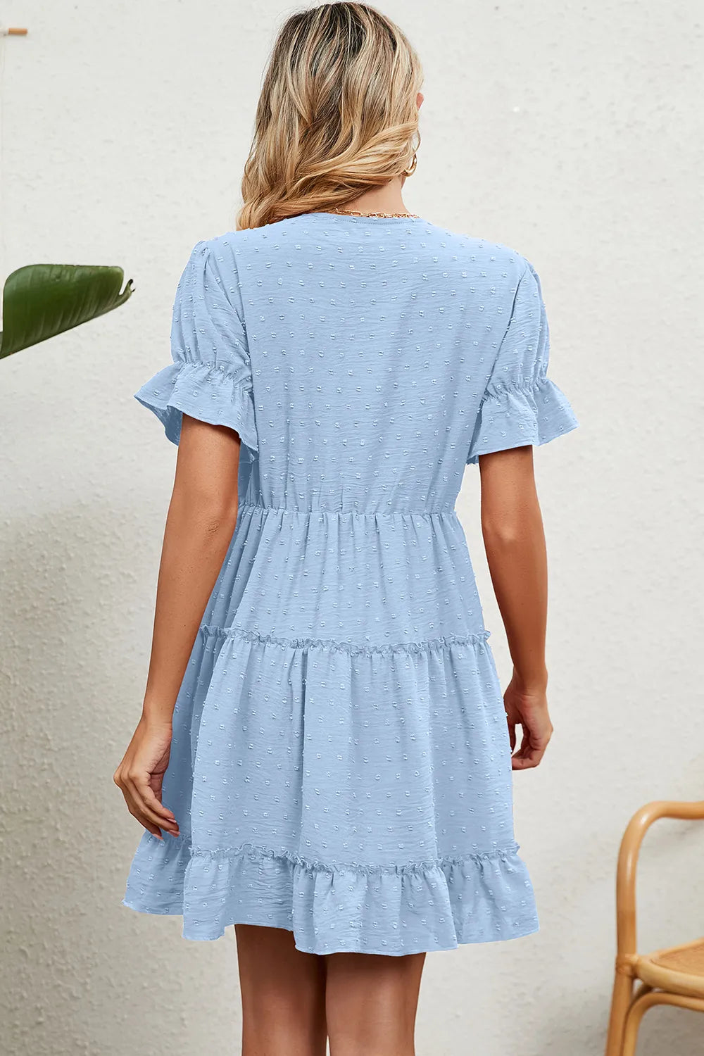 Summer Jacquard Hairball V-neck Loose Solid Color Elastic Waist Dress for Women - Korvel