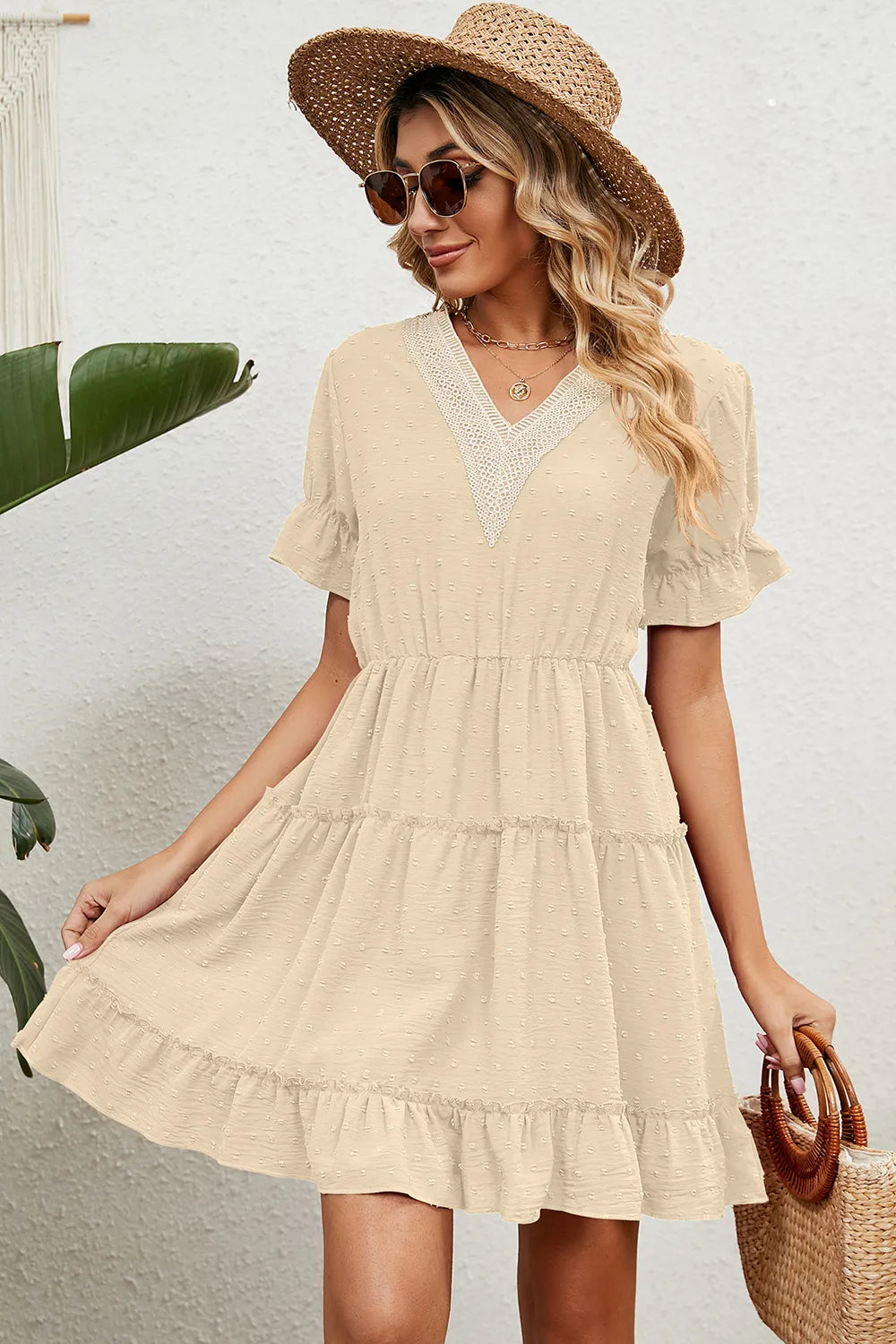 Summer Jacquard Hairball V-neck Loose Solid Color Elastic Waist Dress for Women - Korvel