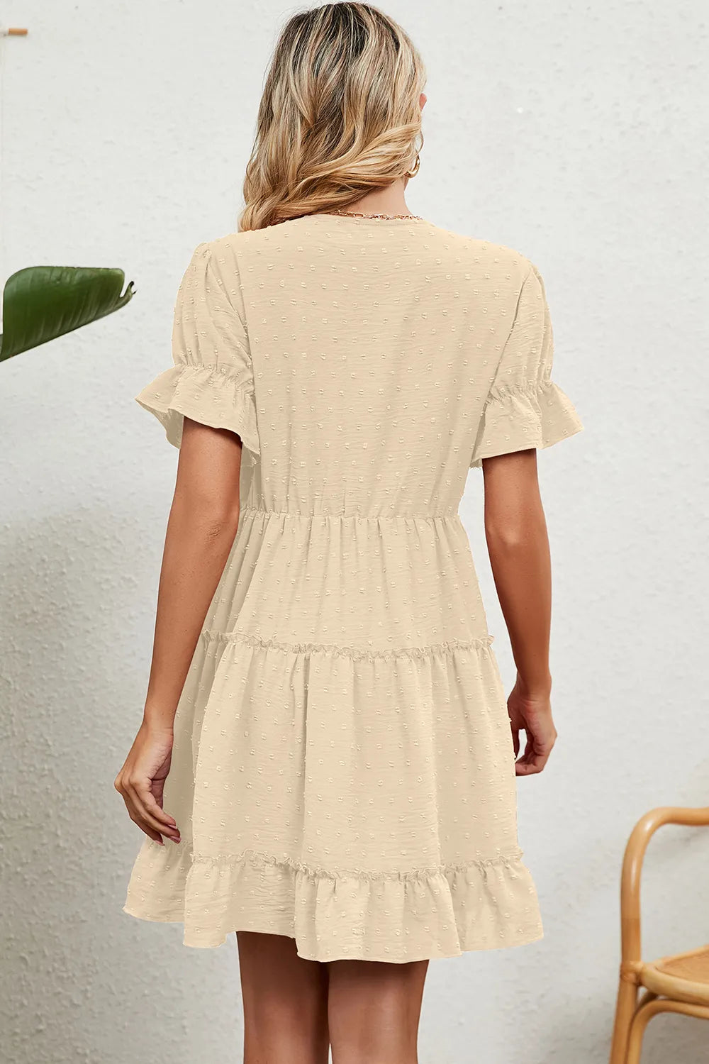 Summer Jacquard Hairball V-neck Loose Solid Color Elastic Waist Dress for Women - Korvel