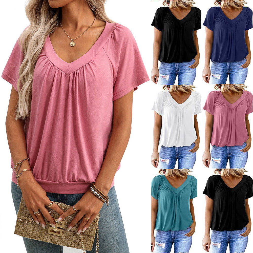 Summer women's new V-neck pleated loose short sleeved T-shirt for women - Korvel