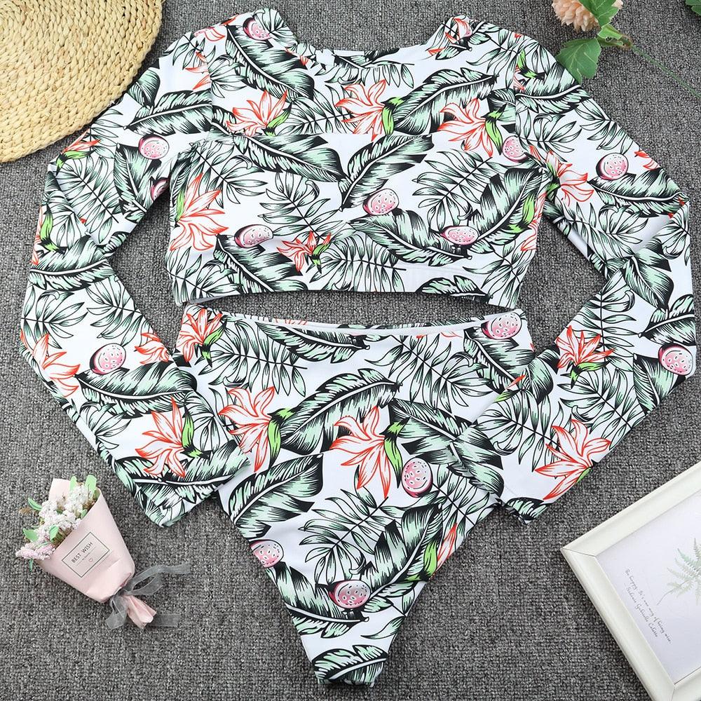 Conjunto de Bikini de Manga Larga con Estampado de Tigre para Mujeres