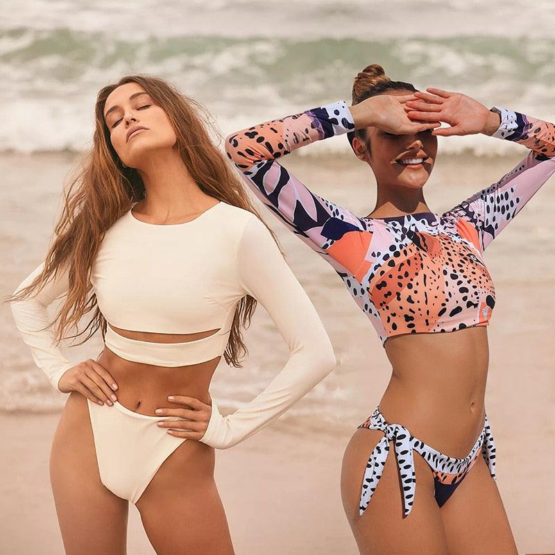 Conjunto de Bikini de Manga Larga con Estampado de Tigre para Mujeres