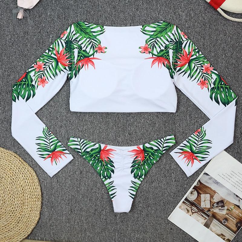 Conjunto de Bikini de Manga Larga con Estampado de Tigre para Mujeres