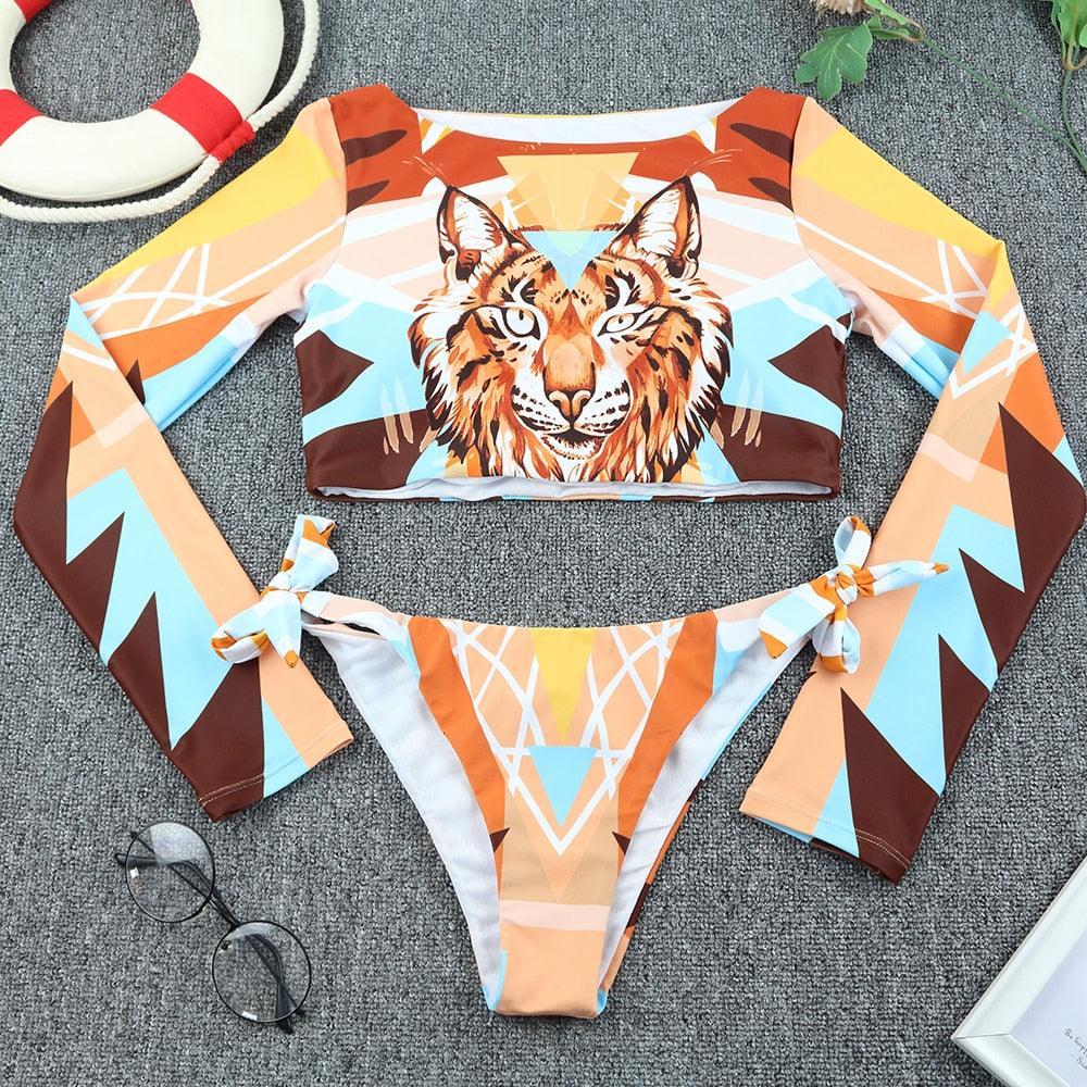 Conjunto de Bikini de Manga Larga con Estampado de Tigre para Mujeres