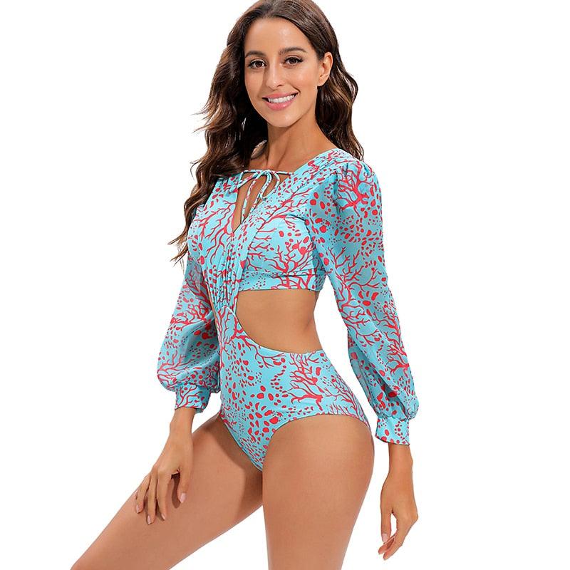 Conjunto de Bikini de Manga Larga con Estampado de Tigre para Mujeres