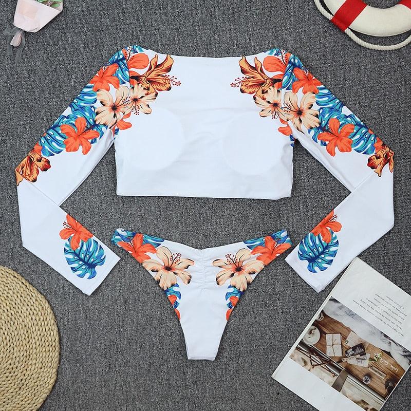 Conjunto de Bikini de Manga Larga con Estampado de Tigre para Mujeres