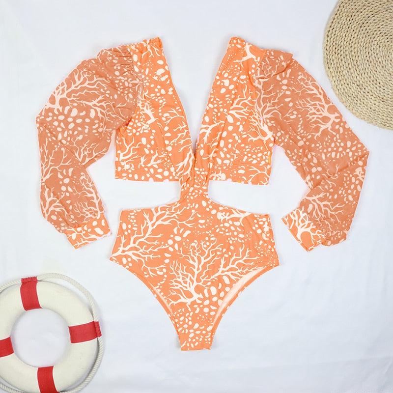 Conjunto de Bikini de Manga Larga con Estampado de Tigre para Mujeres