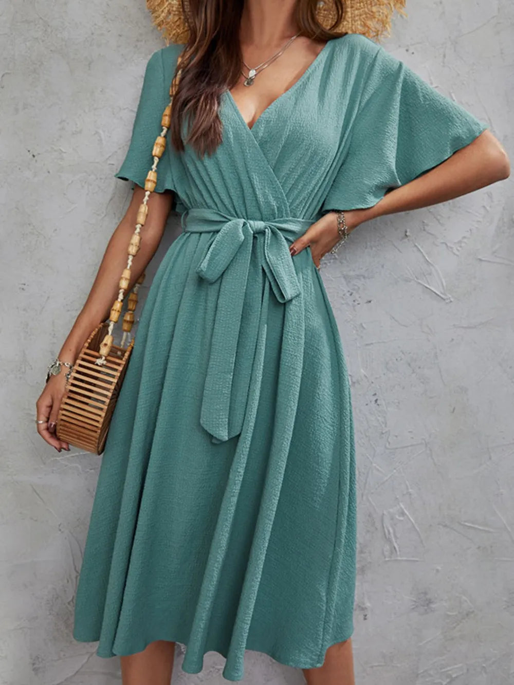 Surplice Flutter Sleeve Midi Dress - Korvel