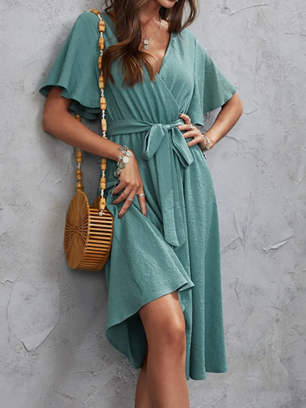 Surplice Flutter Sleeve Midi Dress - Korvel