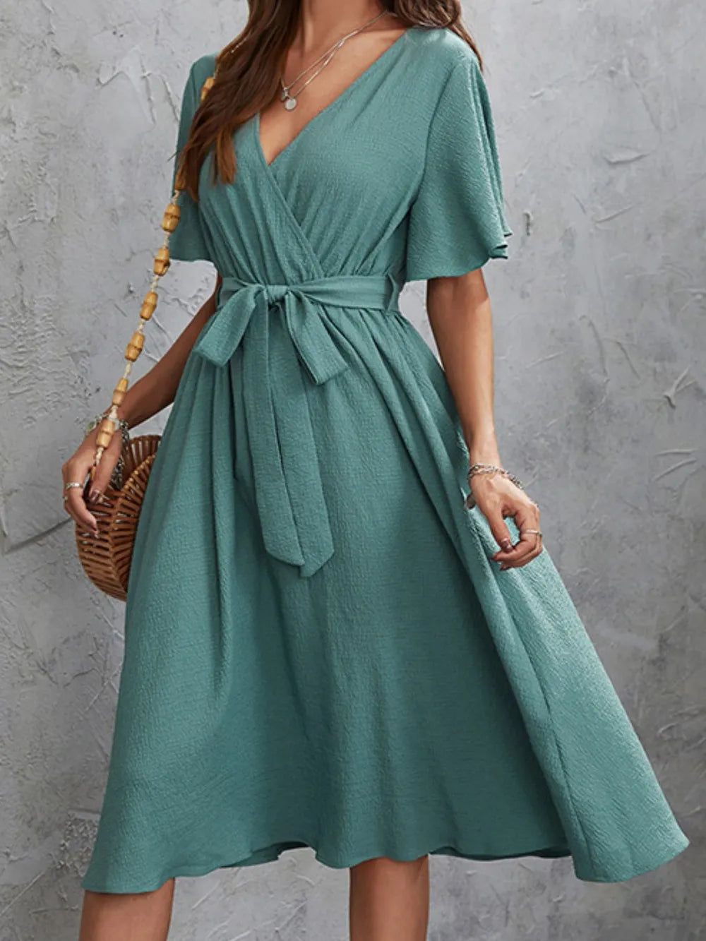 Surplice Flutter Sleeve Midi Dress - Korvel