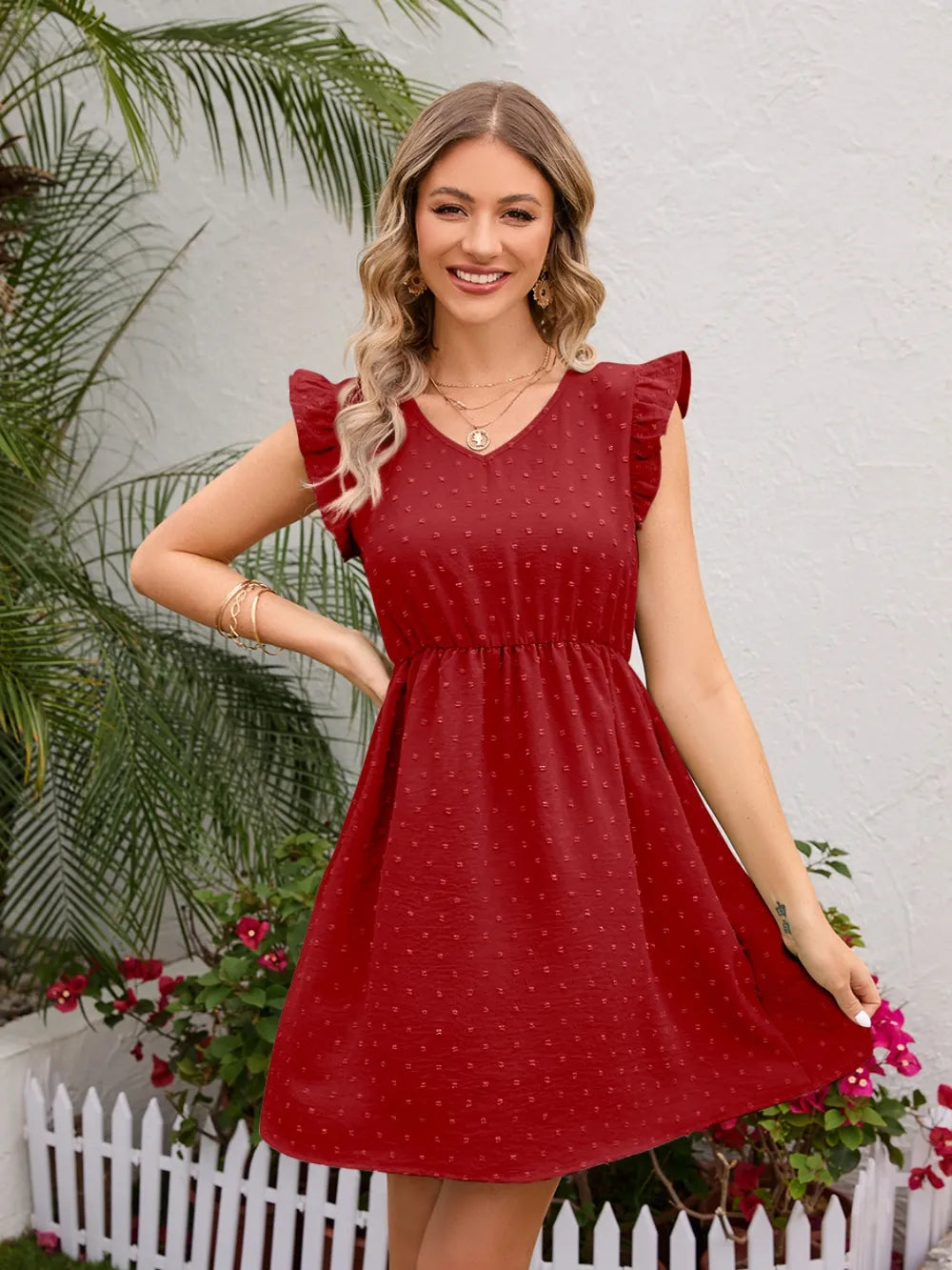 Swiss Dot Ruffled V-Neck Dress - Korvel