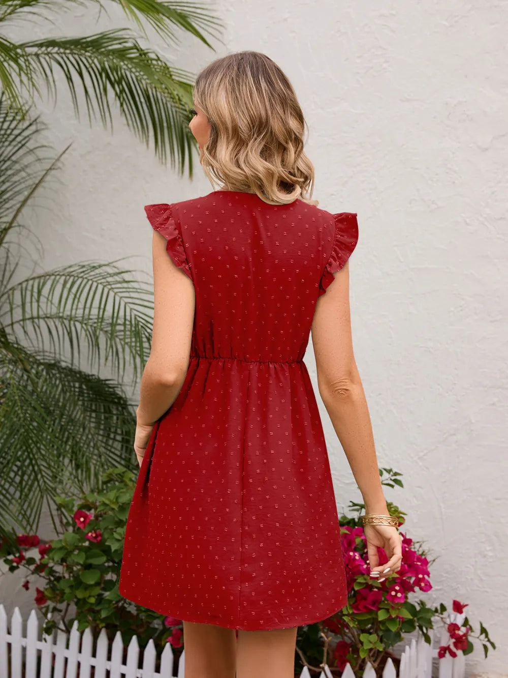 Swiss Dot Ruffled V-Neck Dress - Korvel