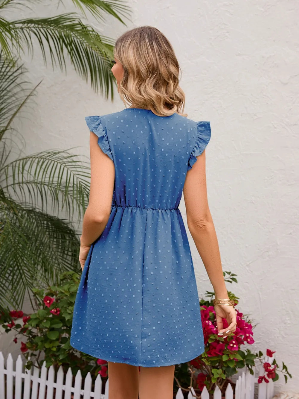 Swiss Dot Ruffled V-Neck Dress - Korvel