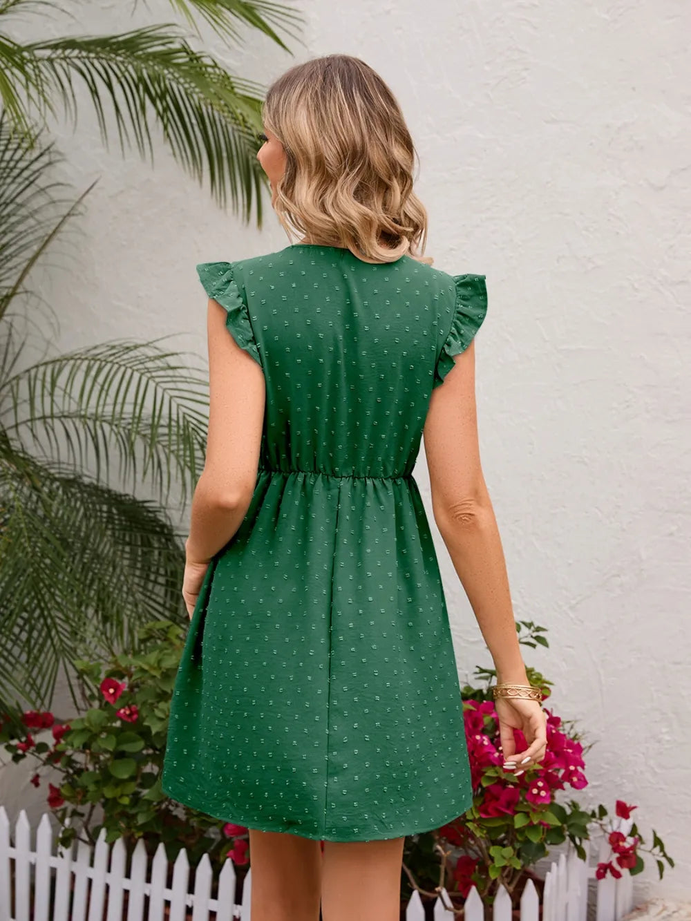 Swiss Dot Ruffled V-Neck Dress - Korvel