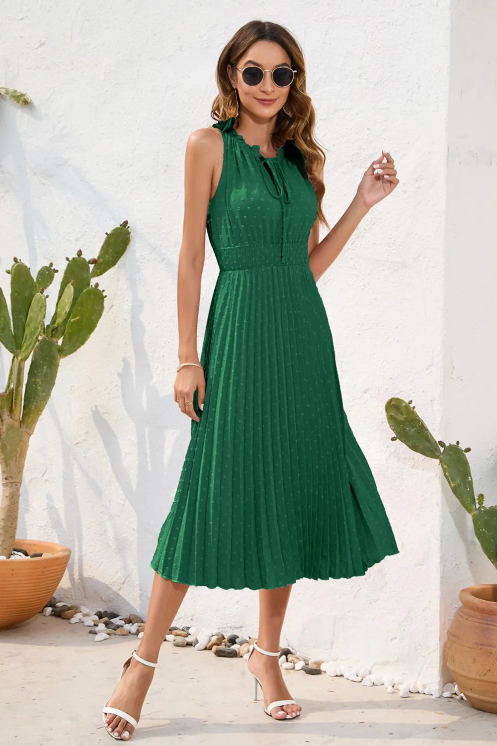Swiss Dot Tie Neck Sleeveless Dress - Korvel
