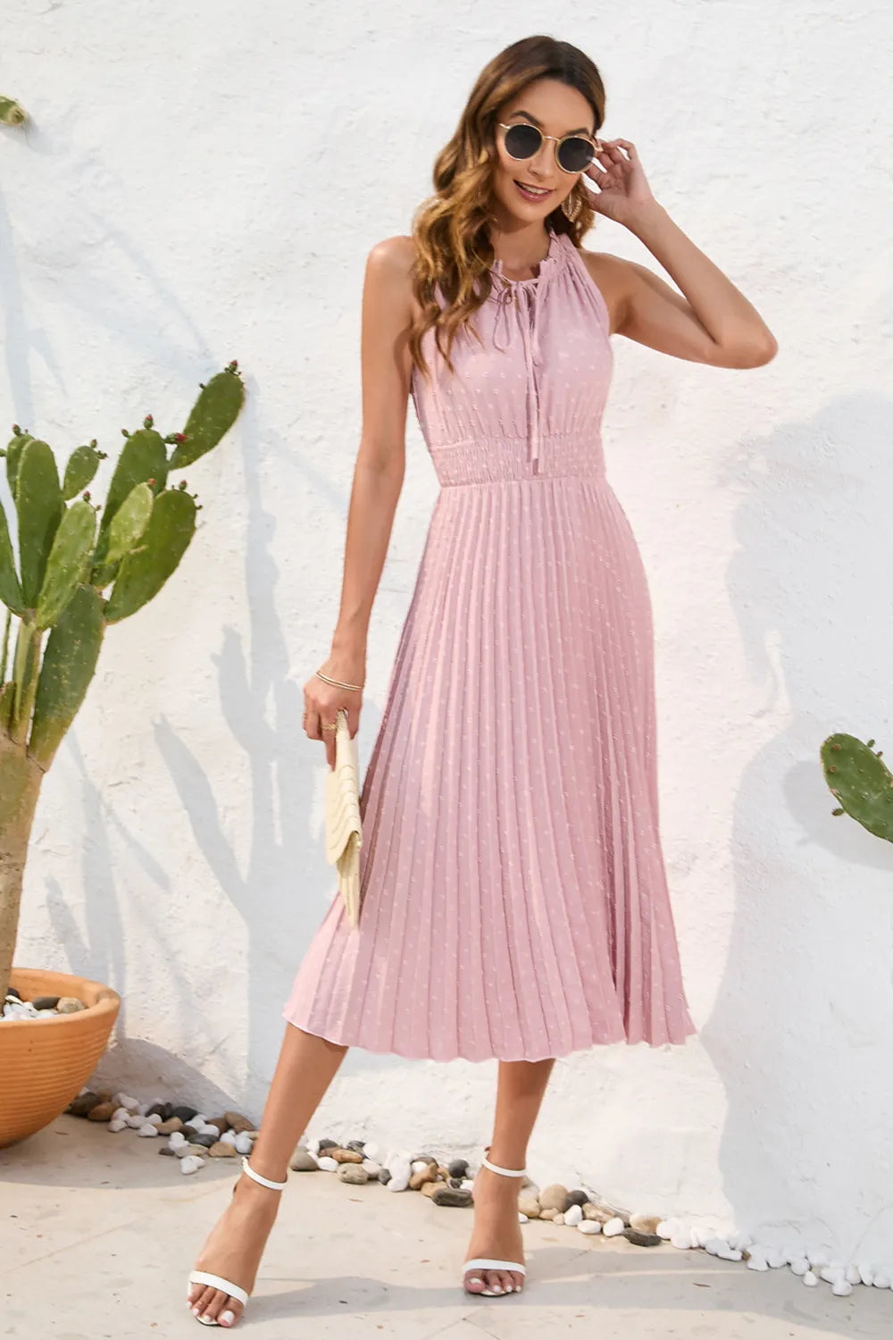 Swiss Dot Tie Neck Sleeveless Dress - Korvel