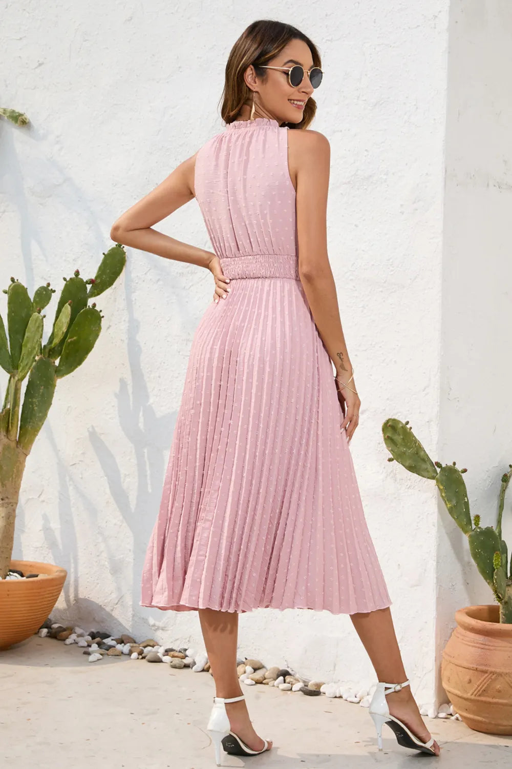 Swiss Dot Tie Neck Sleeveless Dress - Korvel