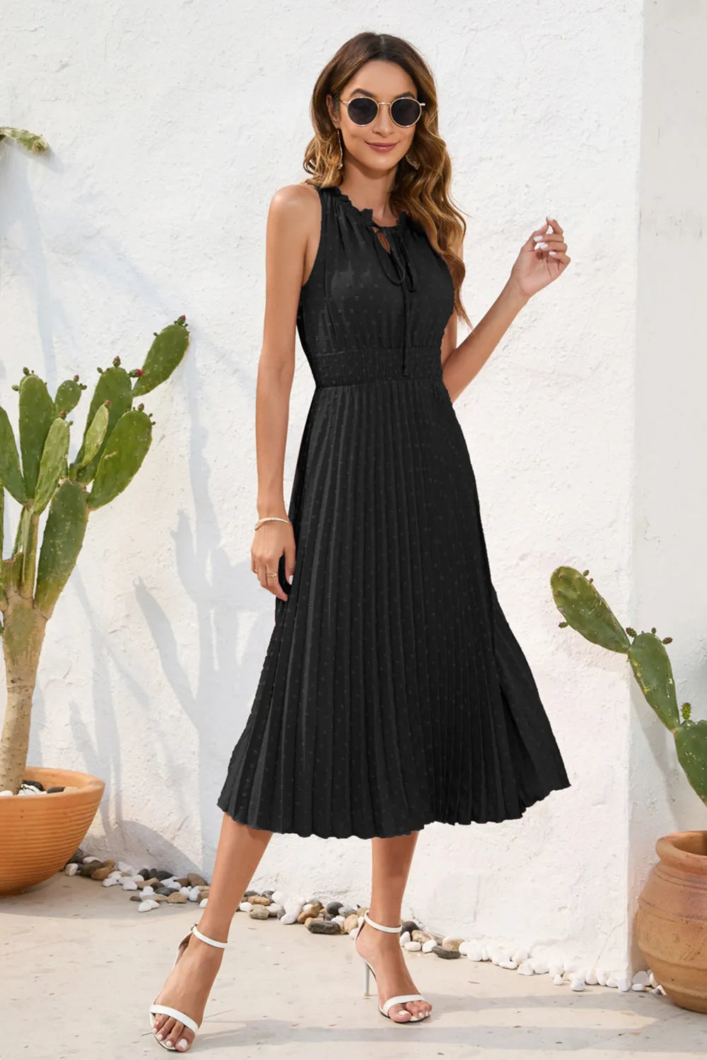 Swiss Dot Tie Neck Sleeveless Dress - Korvel