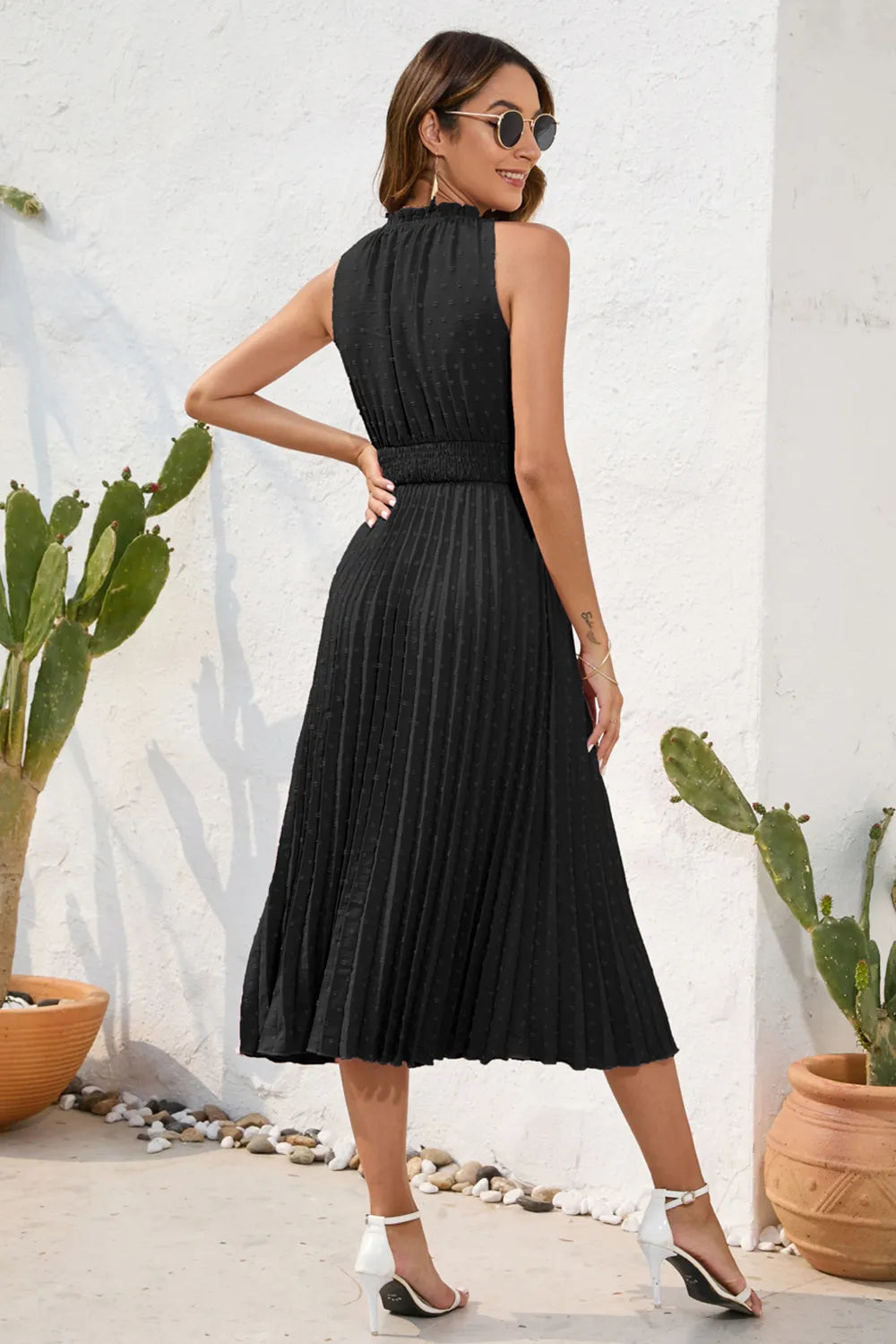 Swiss Dot Tie Neck Sleeveless Dress - Korvel