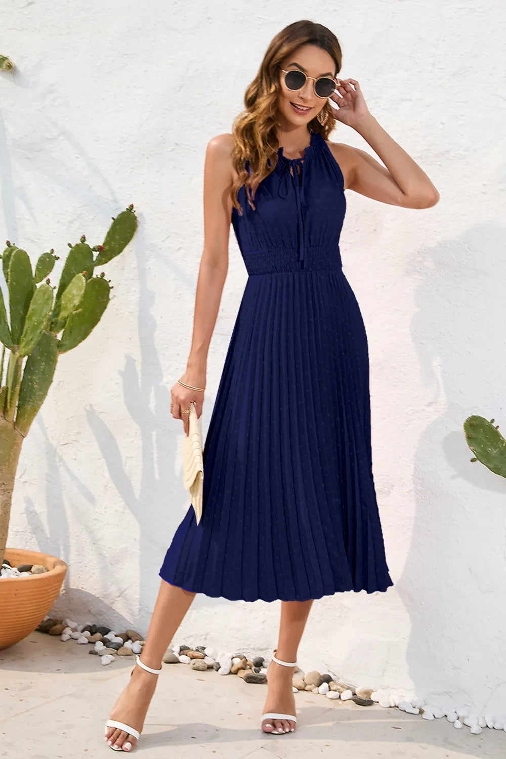 Swiss Dot Tie Neck Sleeveless Dress - Korvel