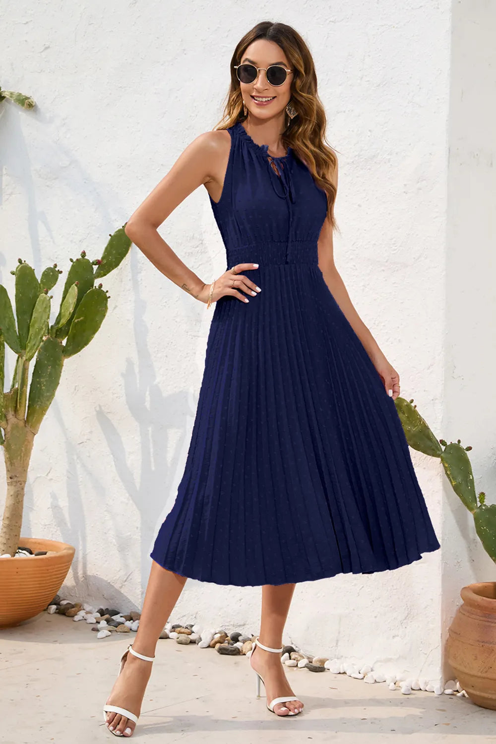 Swiss Dot Tie Neck Sleeveless Dress - Korvel