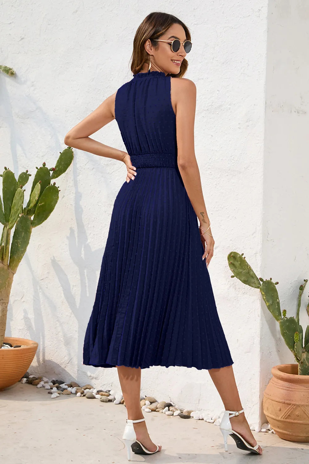Swiss Dot Tie Neck Sleeveless Dress - Korvel