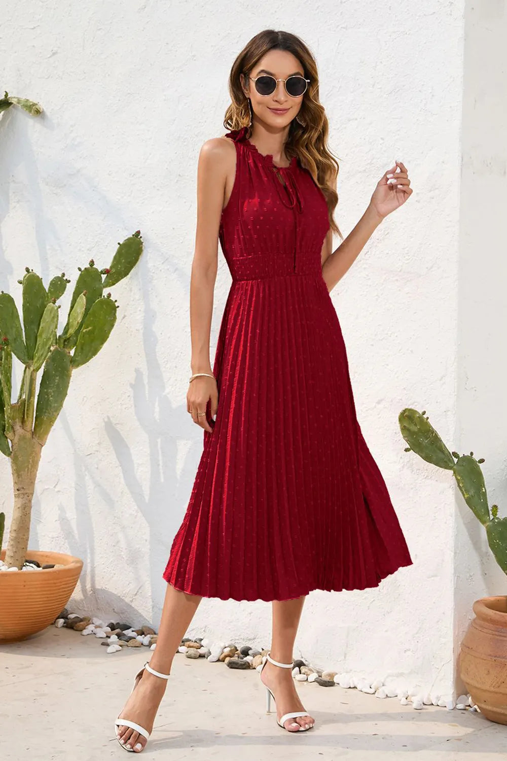 Swiss Dot Tie Neck Sleeveless Dress - Korvel