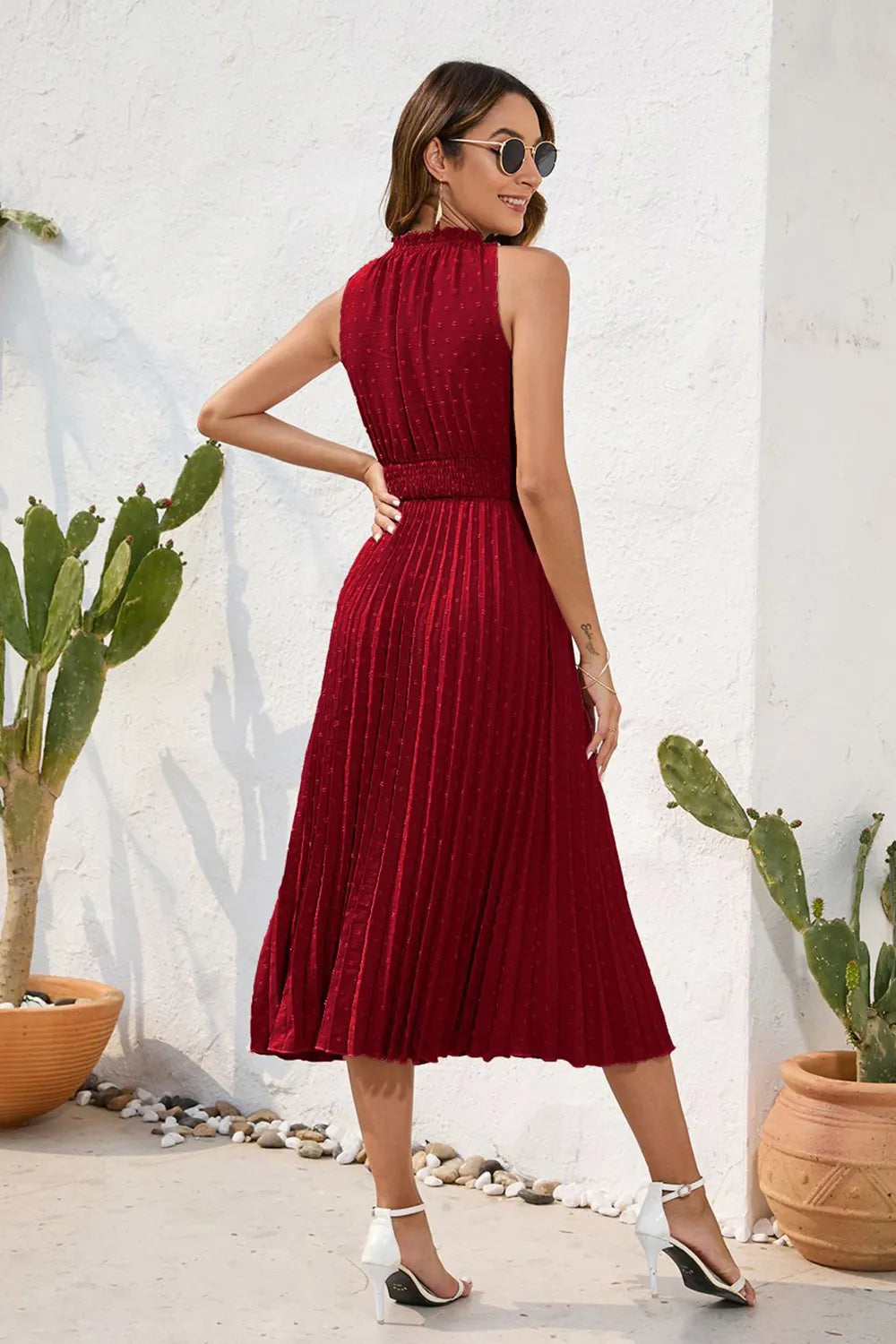 Swiss Dot Tie Neck Sleeveless Dress - Korvel