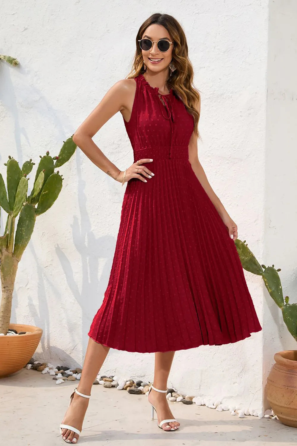 Swiss Dot Tie Neck Sleeveless Dress - Korvel