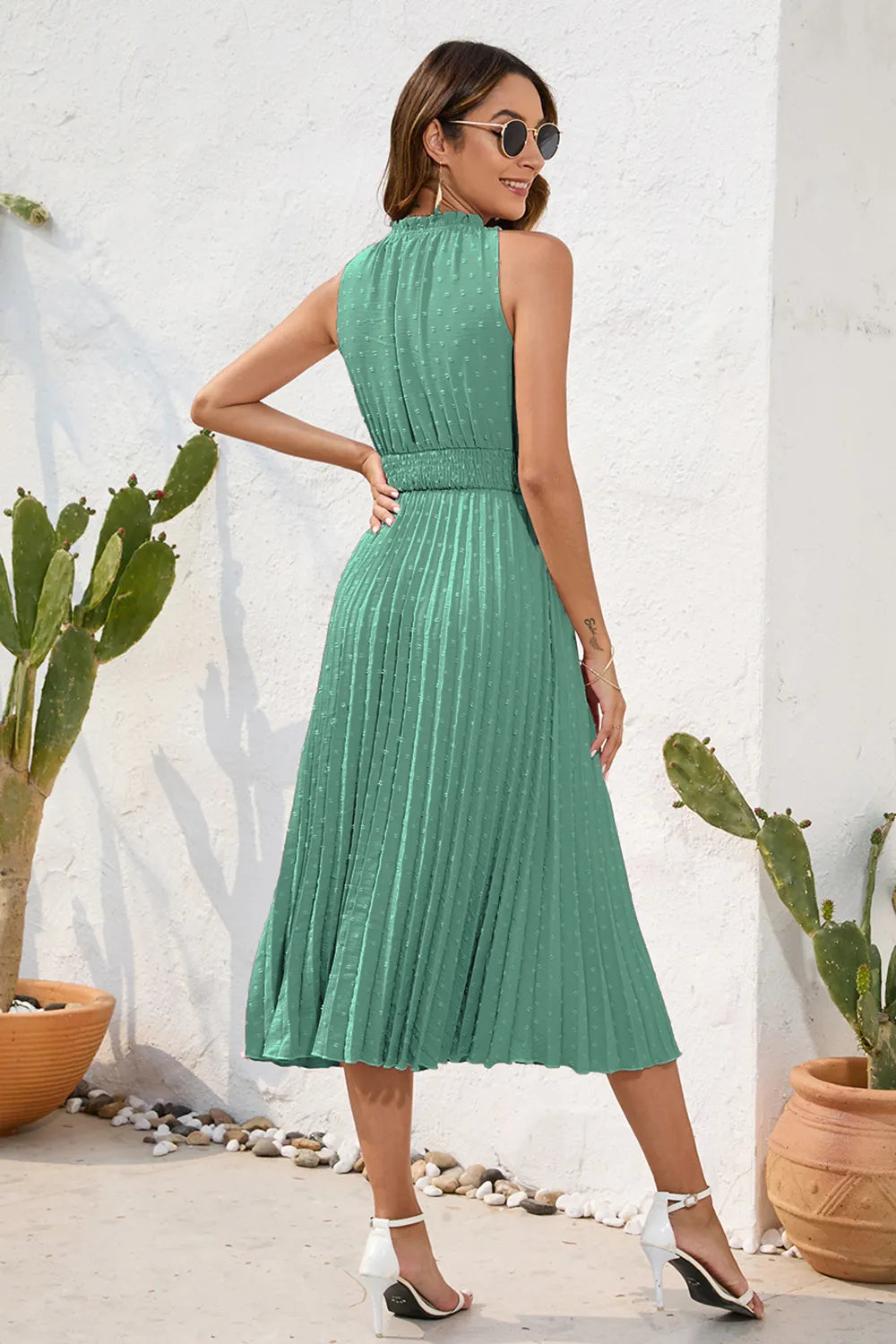 Swiss Dot Tie Neck Sleeveless Dress - Korvel