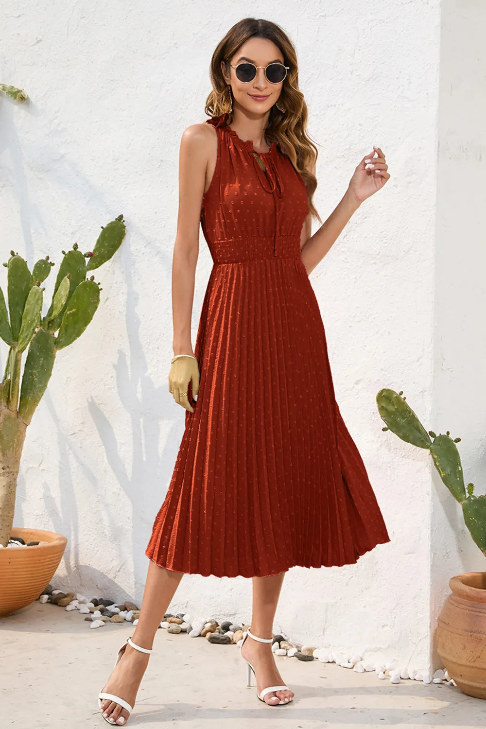 Swiss Dot Tie Neck Sleeveless Dress - Korvel