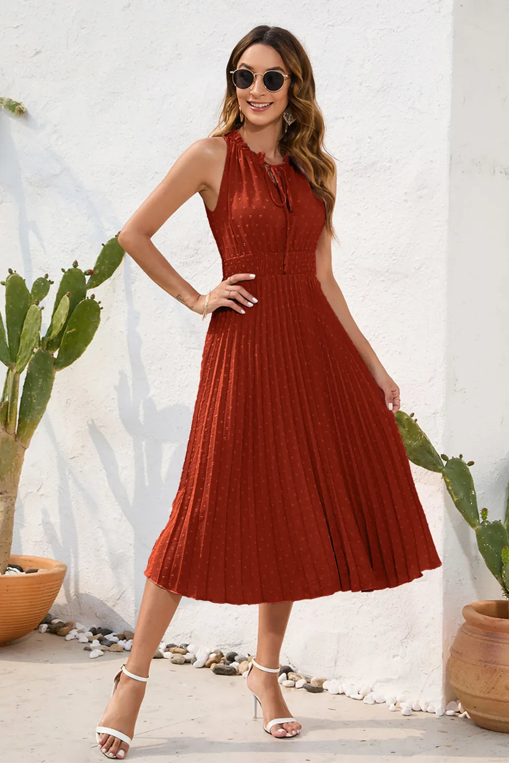 Swiss Dot Tie Neck Sleeveless Dress - Korvel