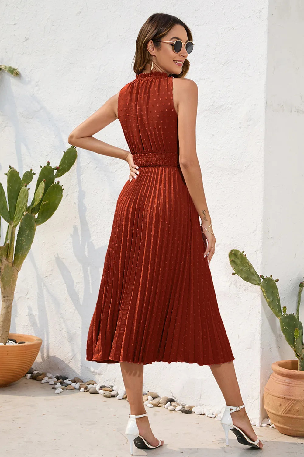 Swiss Dot Tie Neck Sleeveless Dress - Korvel