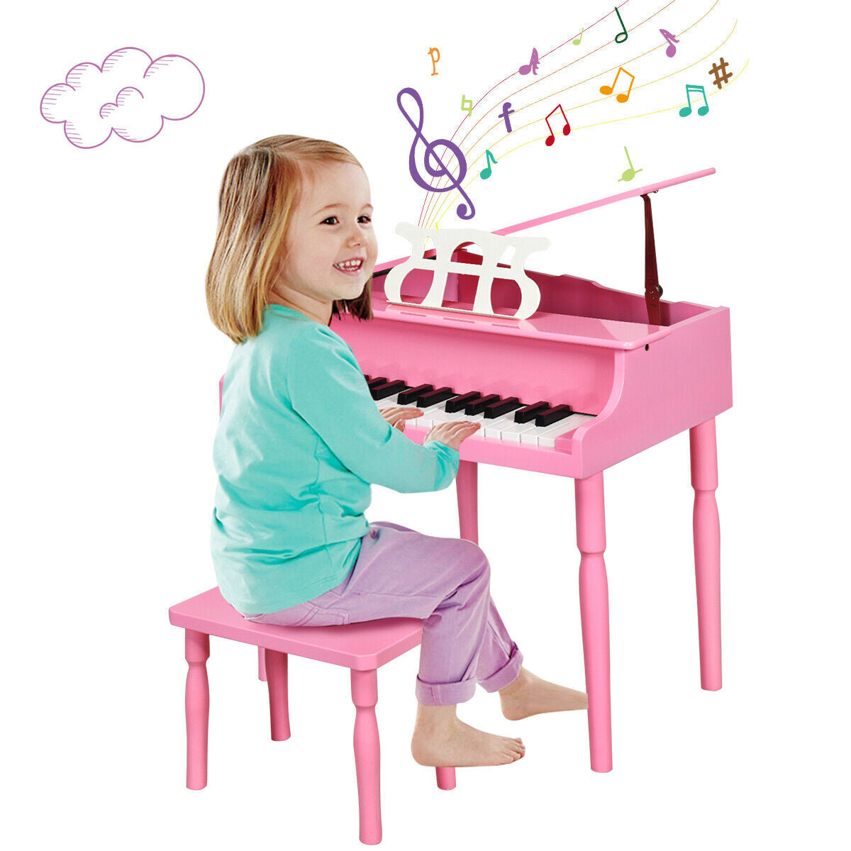 Piano à queue en bois pour enfants de 30 touches avec banc et support de musique - Rose