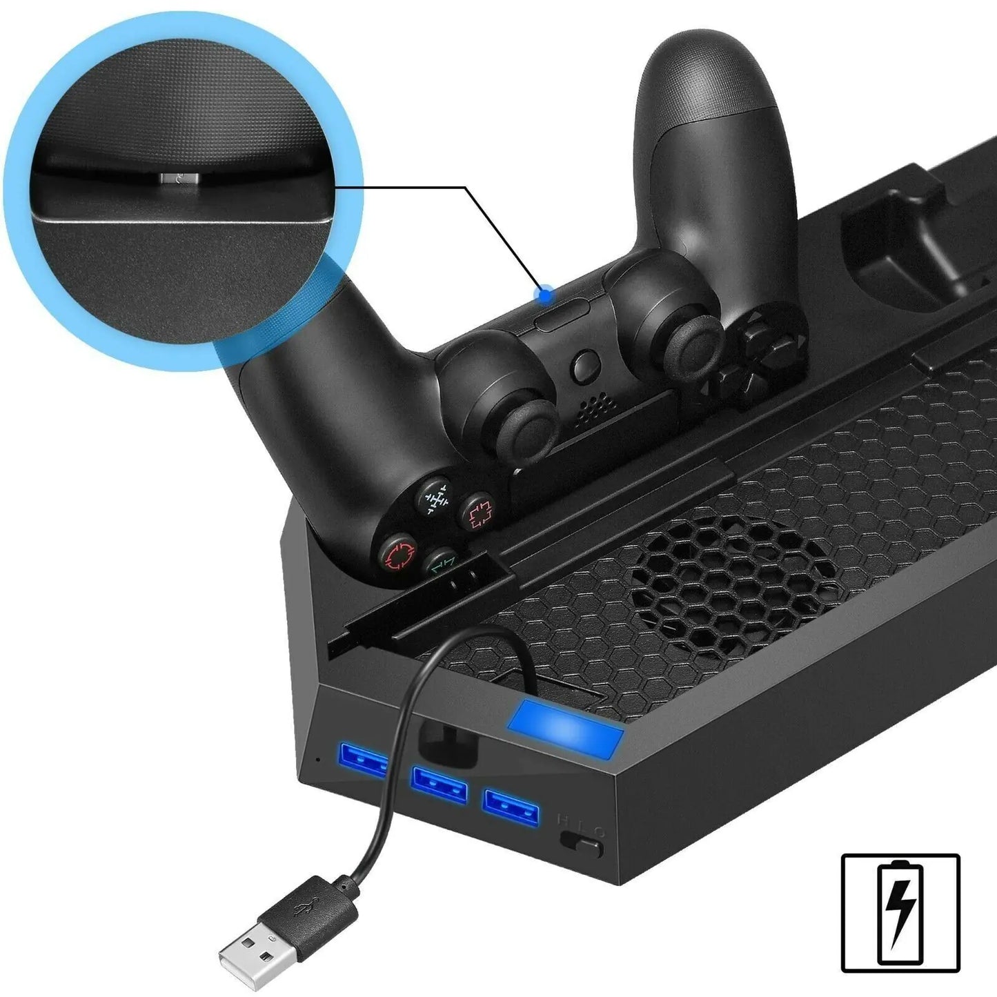 Estación de Enfriamiento PS4 con Soporte Vertical y Base de Carga Doble para Controladores