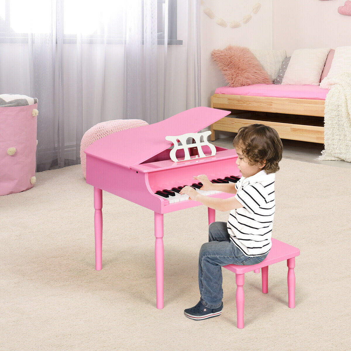 Piano à queue en bois pour enfants de 30 touches avec banc et support de musique - Rose