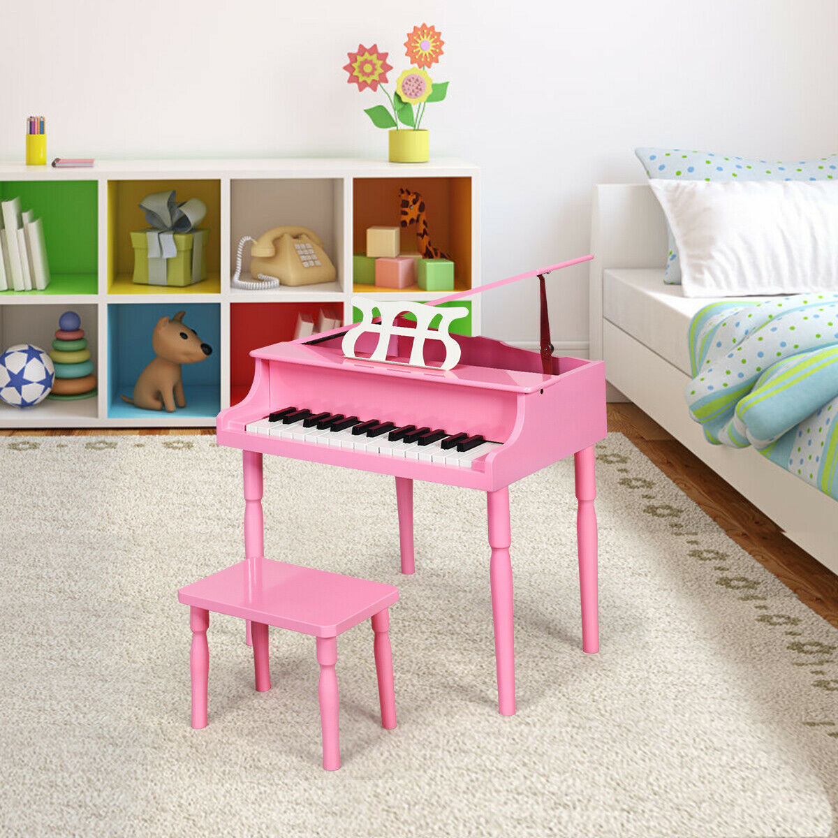 Piano à queue en bois pour enfants de 30 touches avec banc et support de musique - Rose