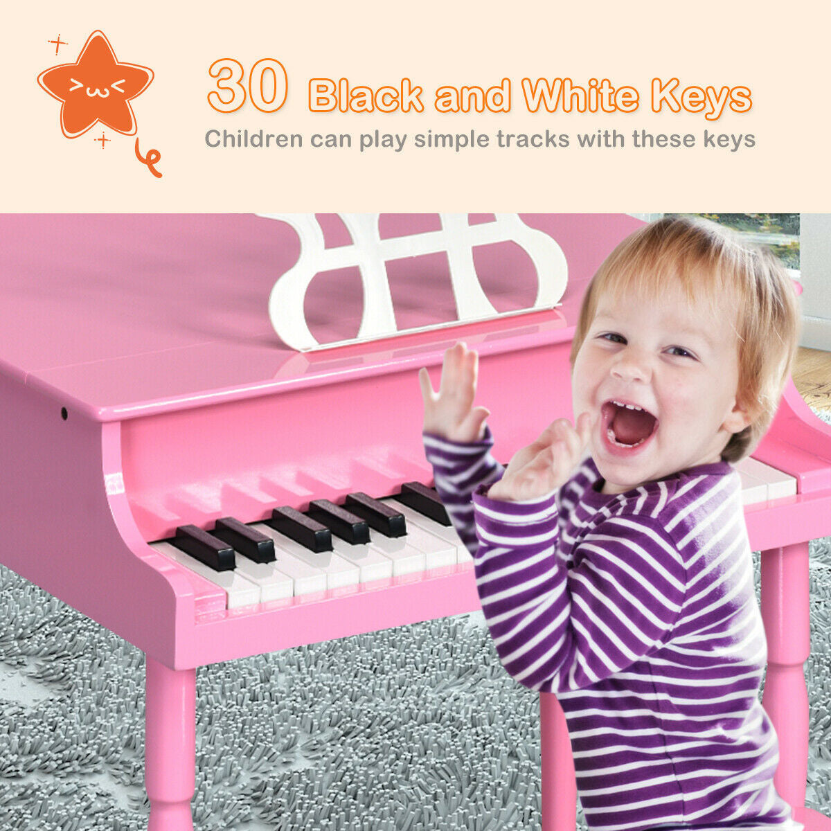 Piano à queue en bois pour enfants de 30 touches avec banc et support de musique - Rose
