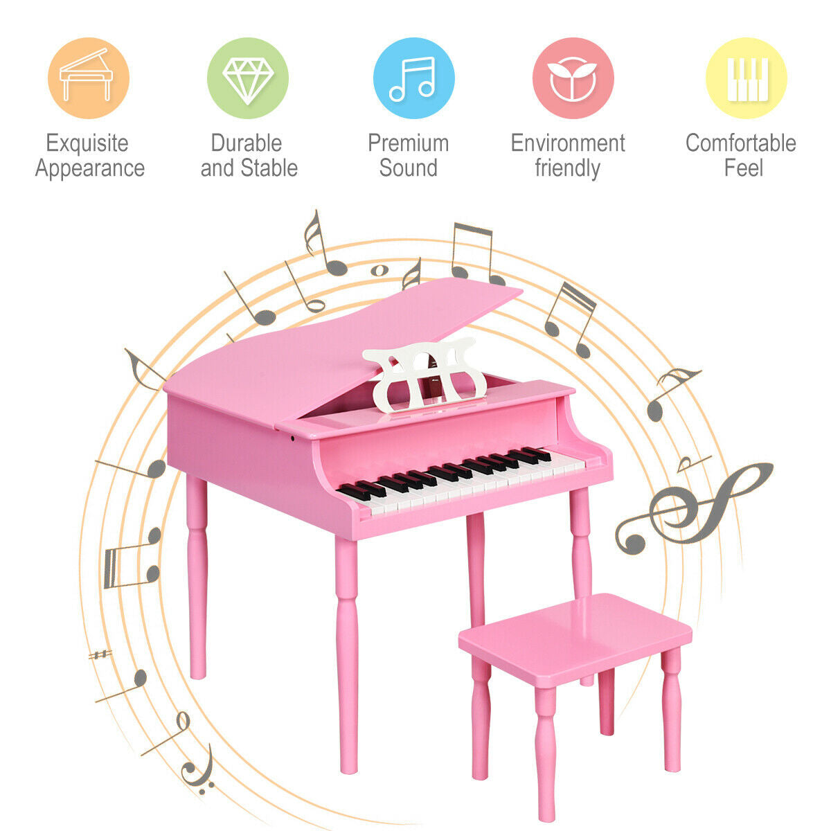 Piano à queue en bois pour enfants de 30 touches avec banc et support de musique - Rose