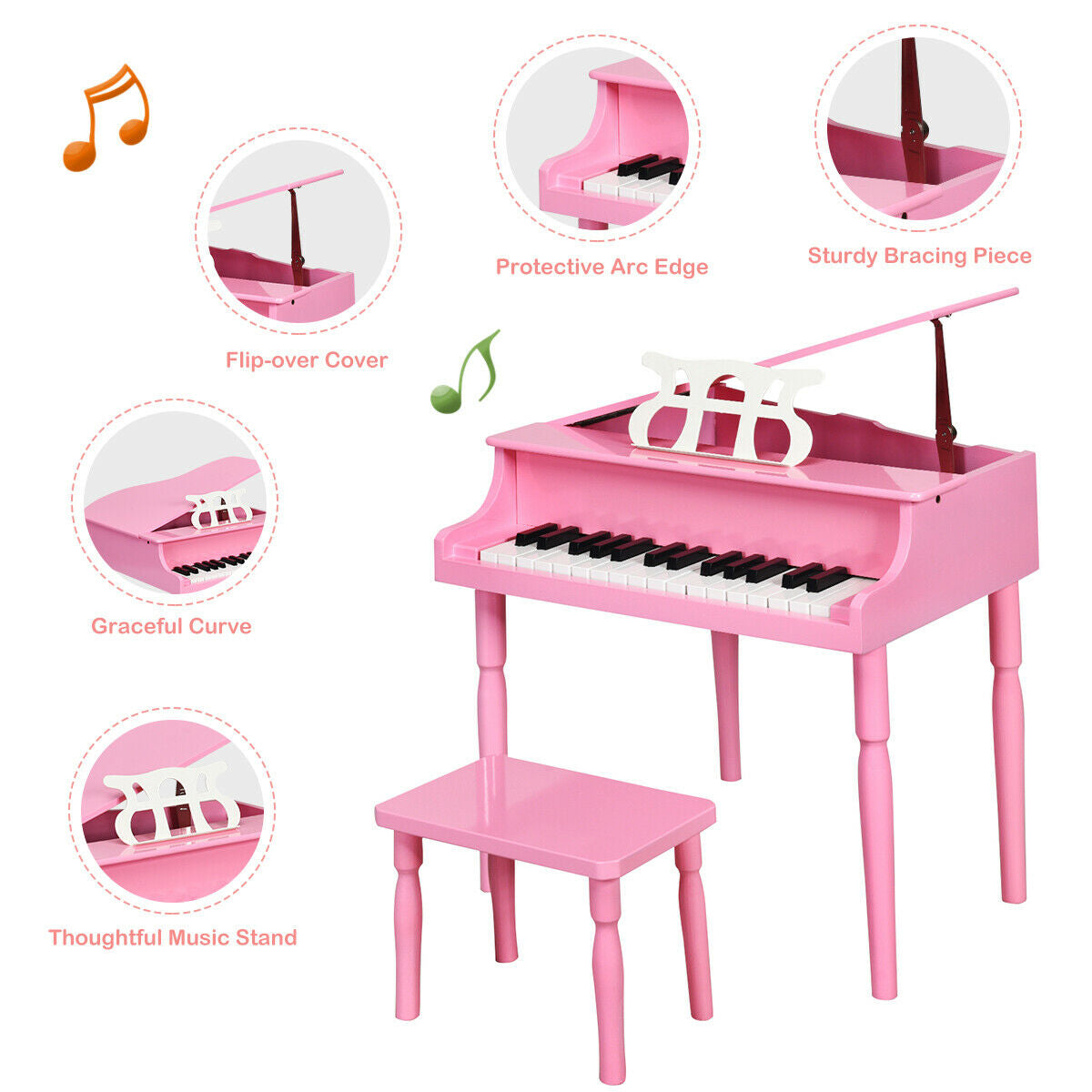 Piano à queue en bois pour enfants de 30 touches avec banc et support de musique - Rose