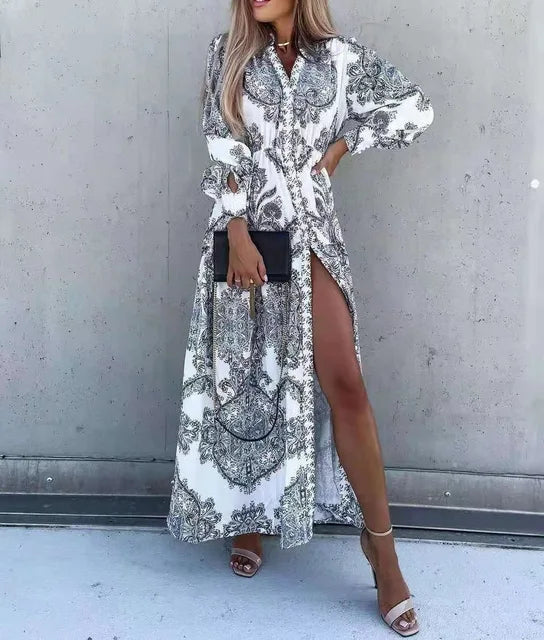 Robe Chemise Longue Élégante à Col V pour Bureau