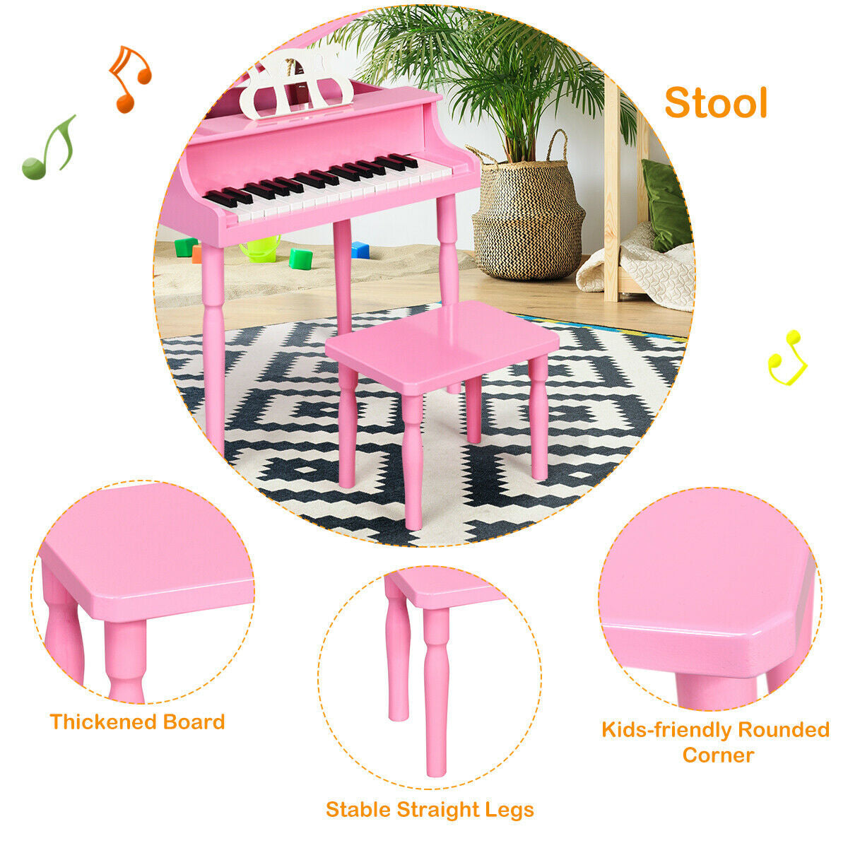 Piano à queue en bois pour enfants de 30 touches avec banc et support de musique - Rose