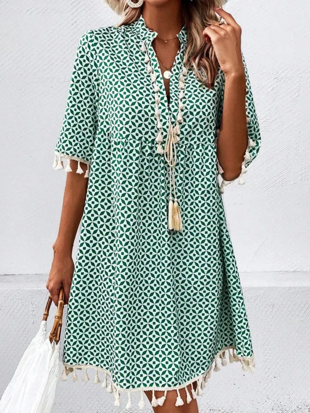Tassel Printed Notched Half Sleeve Mini Dress - Korvel