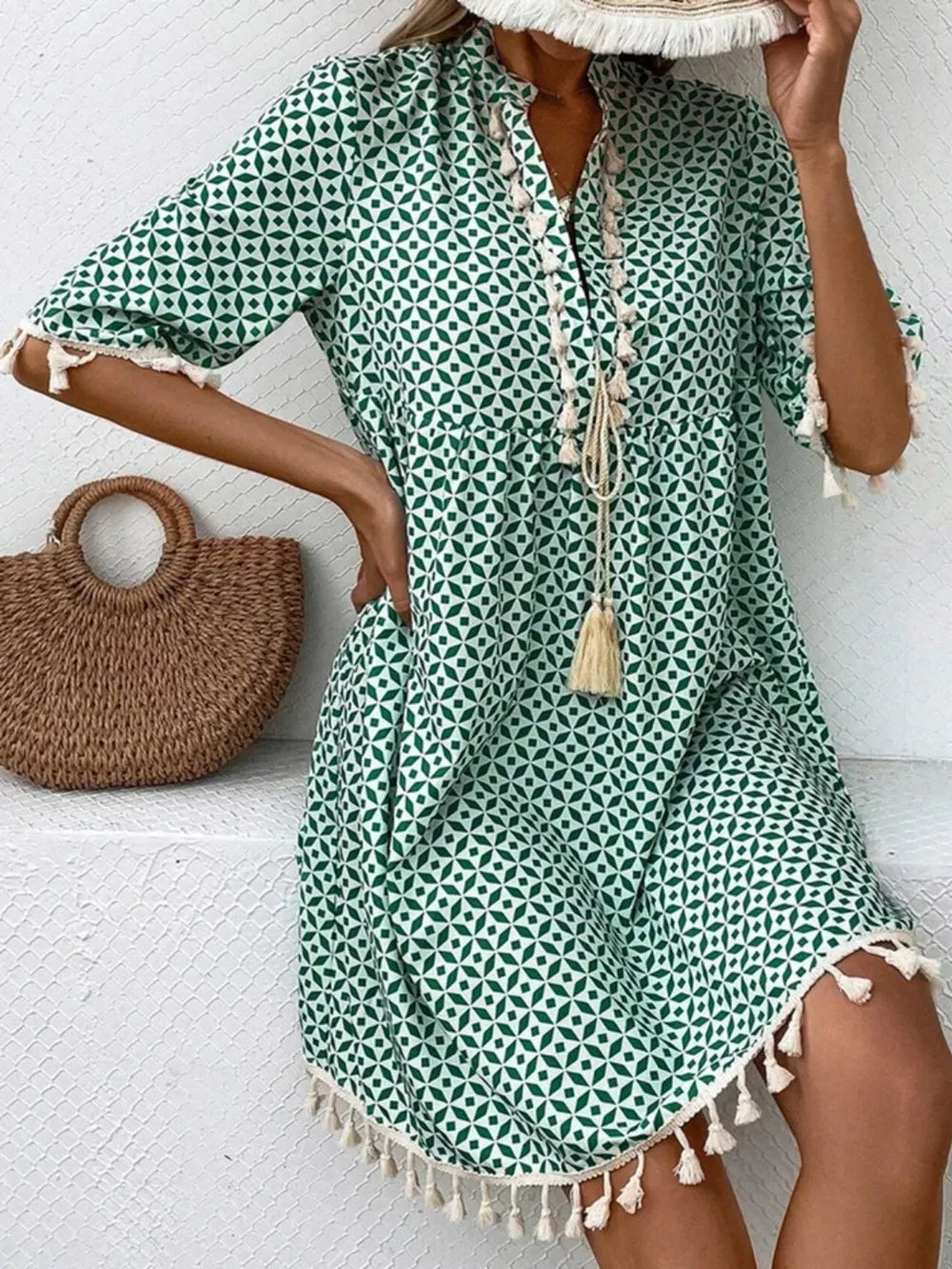 Tassel Printed Notched Half Sleeve Mini Dress - Korvel