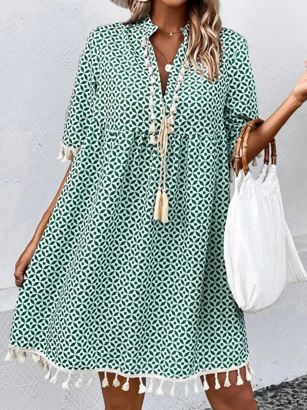 Tassel Printed Notched Half Sleeve Mini Dress - Korvel