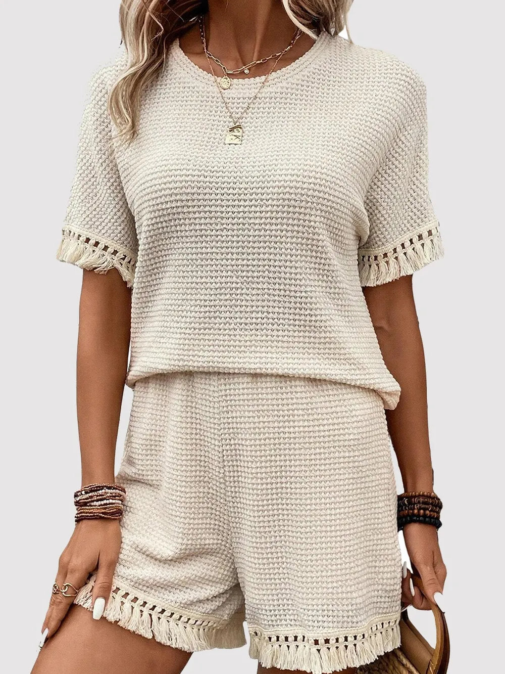 Tassel Round Neck Top and Shorts Set - Korvel