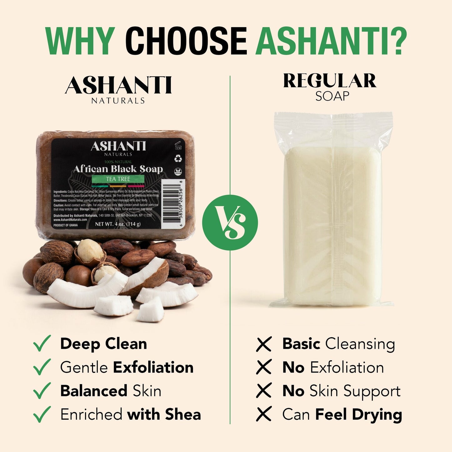 Ashanti Naturals Jabón Negro Africano 100% con Aceite Esencial de Árbol de Té