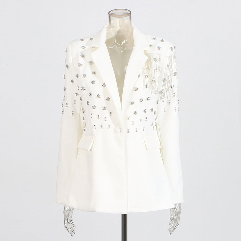 Elegant Solid Color Suit Jacket with Tassel Design for Women
