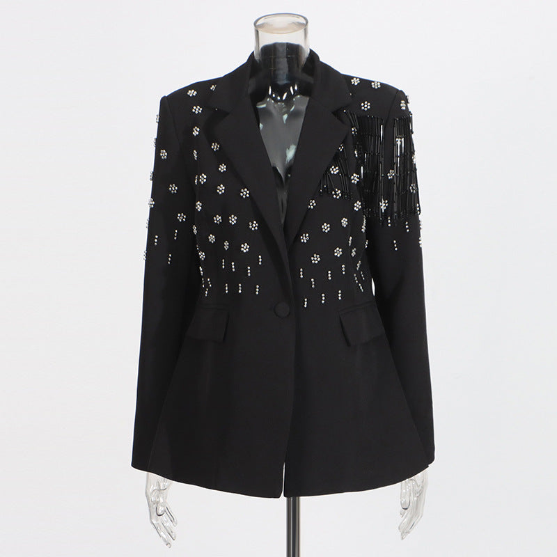 Elegant Solid Color Suit Jacket with Tassel Design for Women